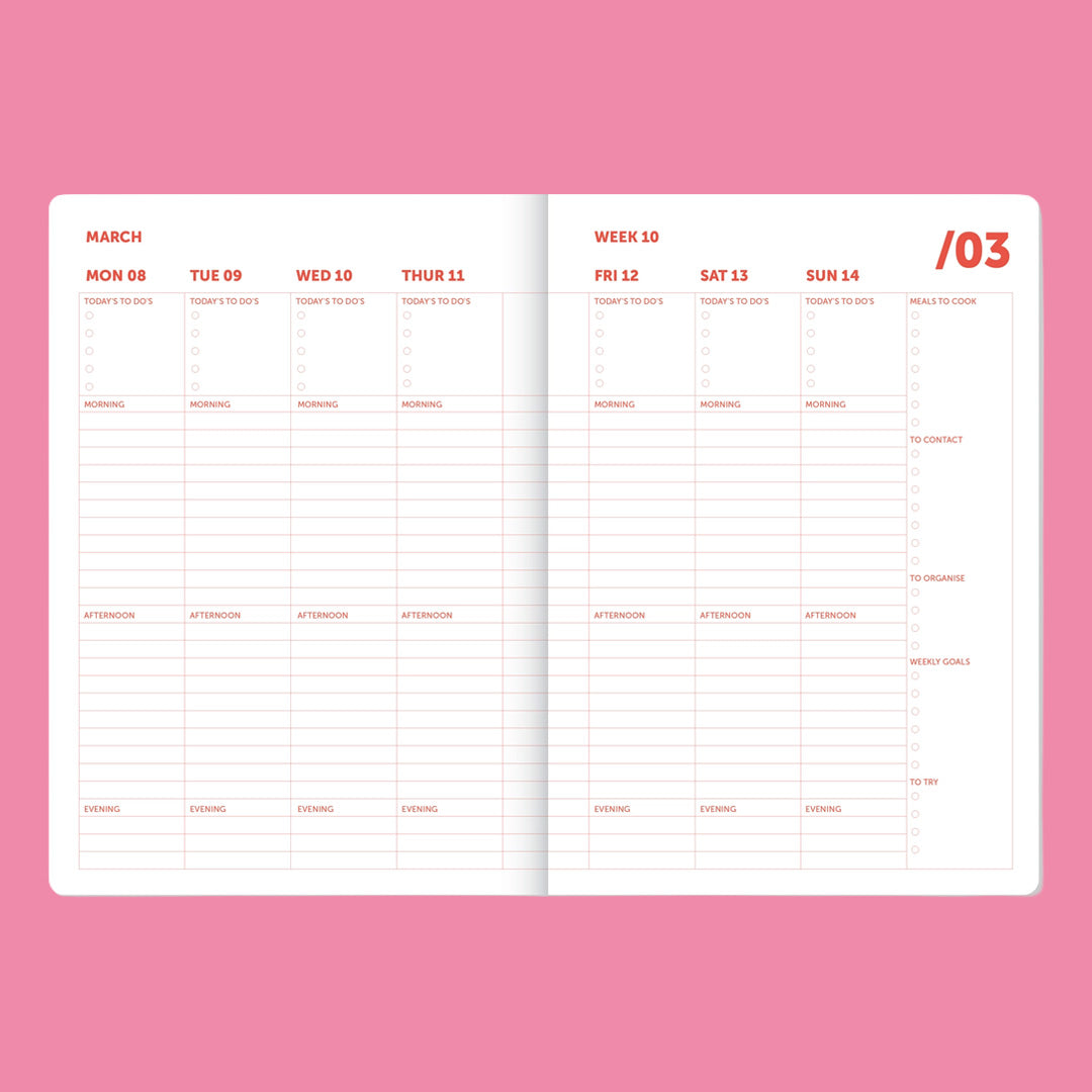 2027 Organiser Diary Spiral Pink Red