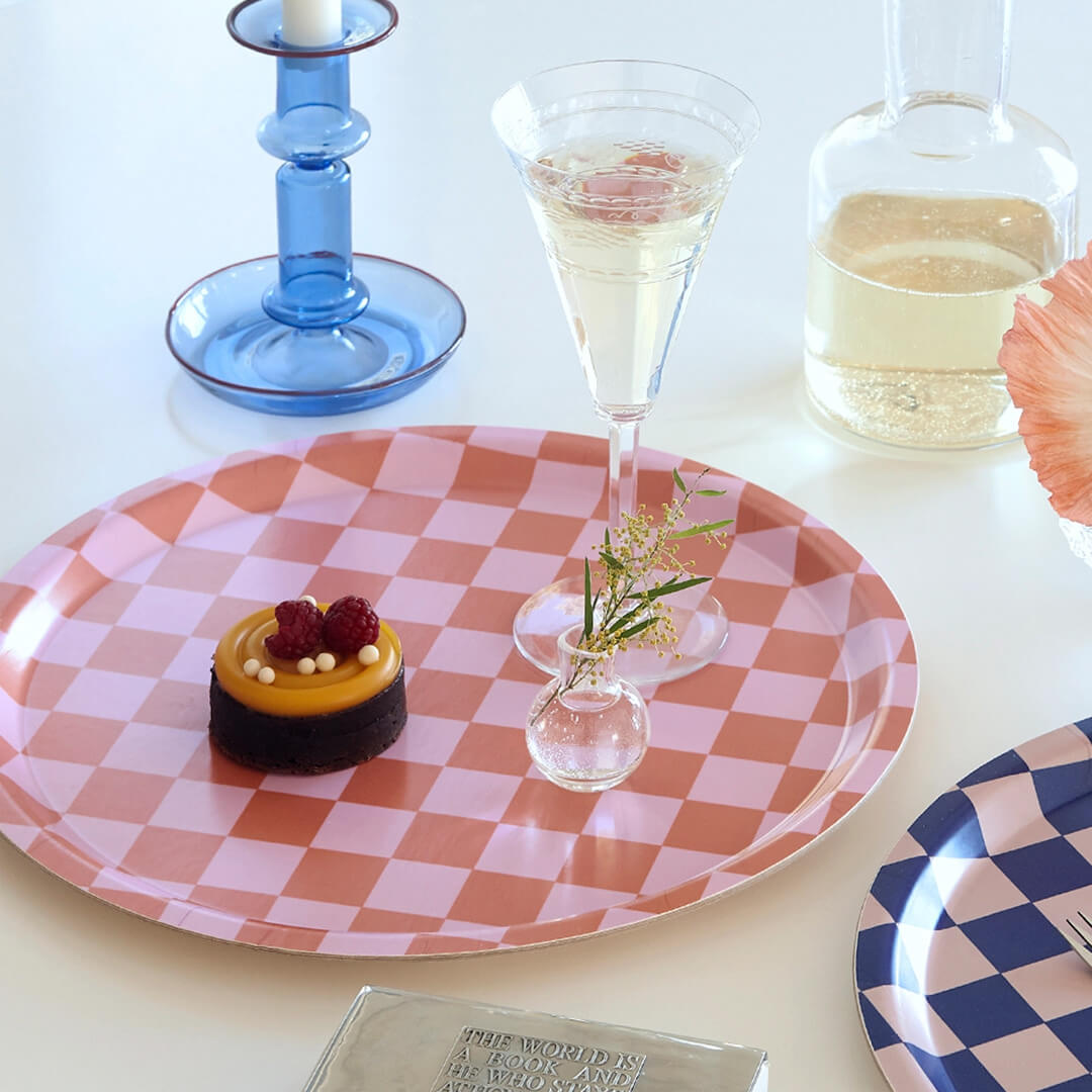 Orange/Pink Checker Round Serving Tray