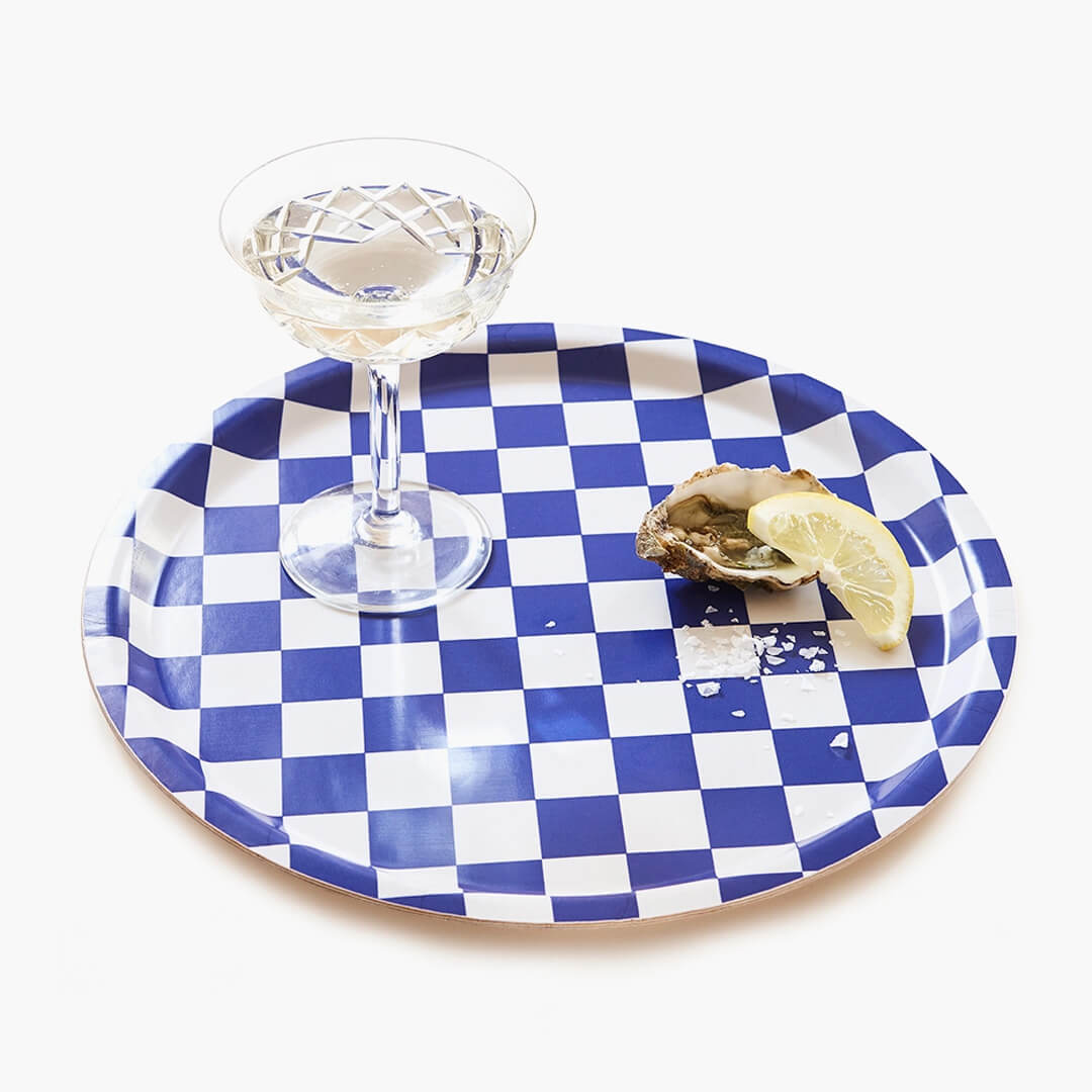 Sea Salt Checker Round Serving Tray