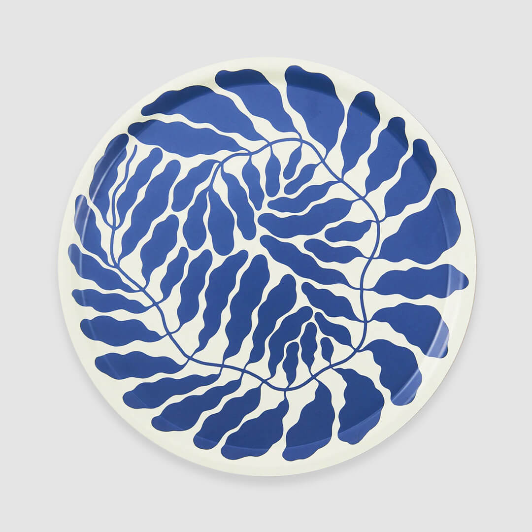 Blue Leaves Round Art Tray —