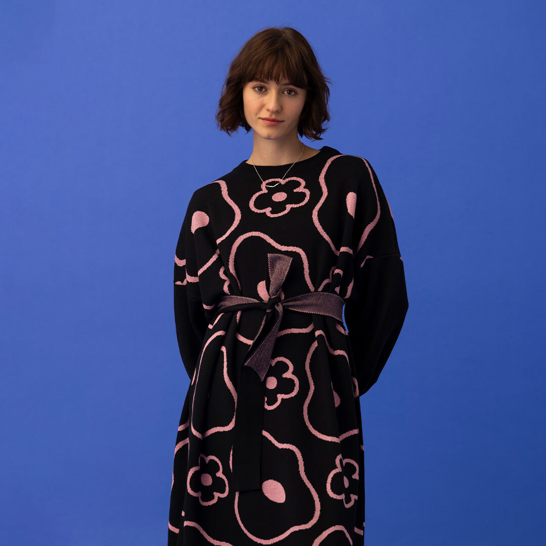 Elle Knitted Dress Minimal Floral - Black