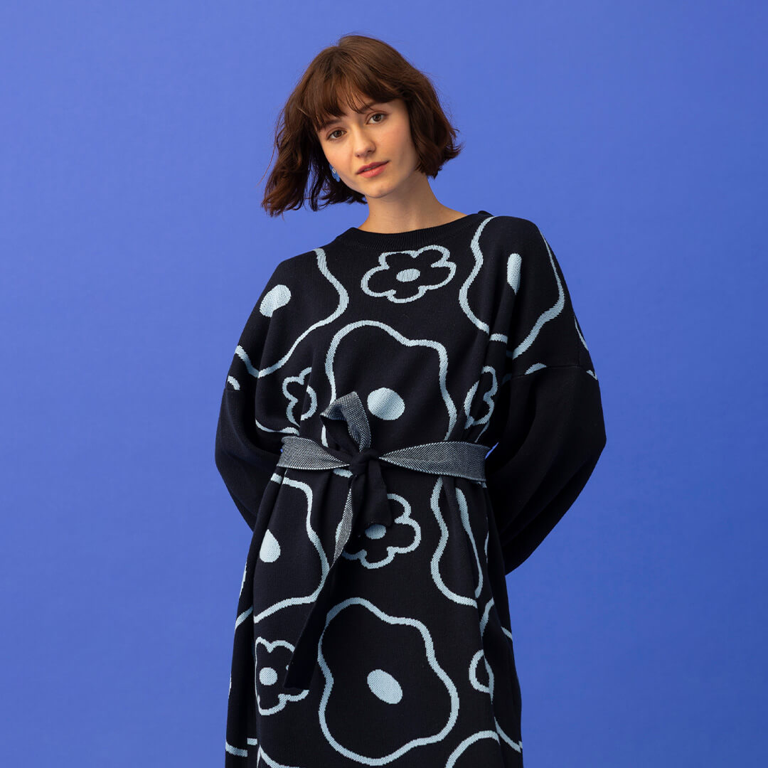 Elle Knitted Dress Minimal Floral - Blue